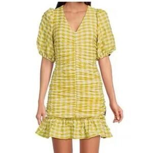 Skies are blue dress v-neck gingham print size small puff sleeve midi Dress